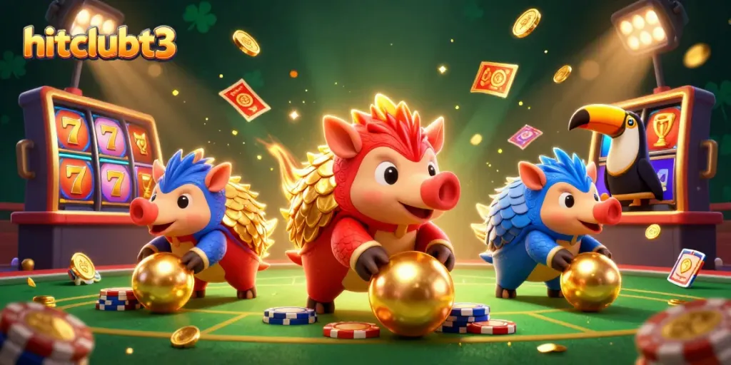 Experience excitement at hitclubt3 with rival pangolins gambling amidst golden slot reels and vibrant poker chips.
