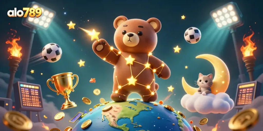 Join the excitement of alo789 casino with a vibrant illustration featuring stars, sports, and dynamic elements!