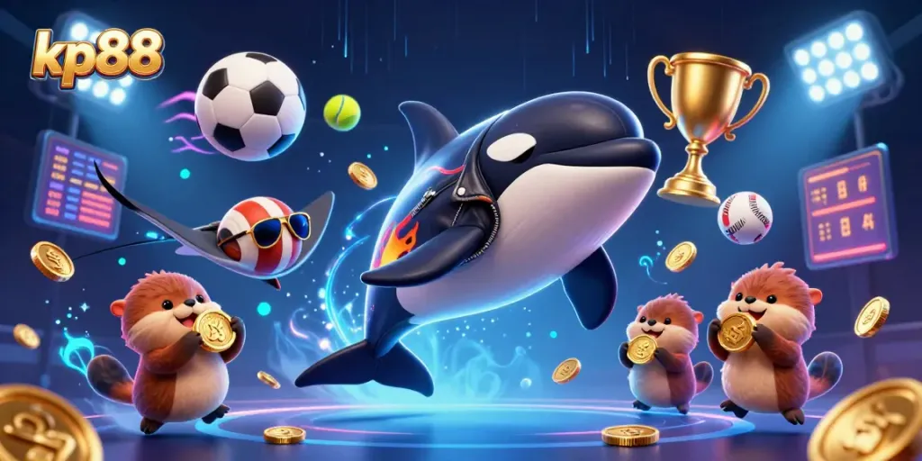 Engage in thrilling gameplay with kp88, where cartoon sea creatures celebrate wins amidst vibrant casino elements.
