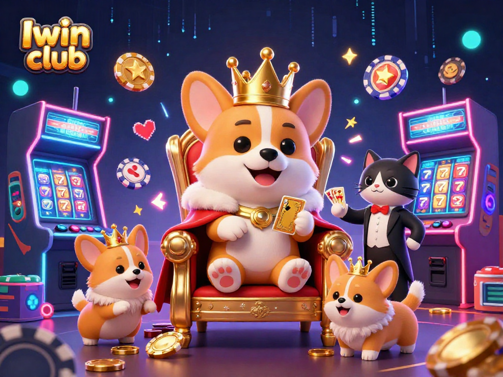 Iwin club brings excitement with a royal corgi on a poker chip throne and vibrant slot reels.