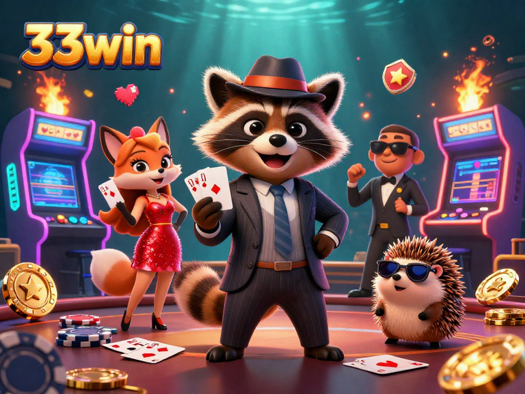Experience the thrilling 33win casino atmosphere with a raccoon, fox, and hedgehog in a vibrant scene.