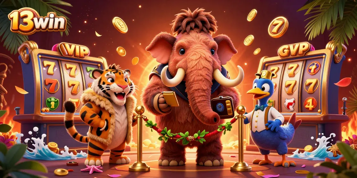 Enjoy the thrill of winning with 13win's vibrant casino scene featuring exciting slot games and characters.