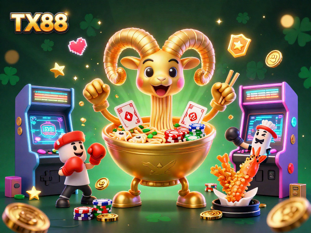 Engage in thrilling gambling with TX88 as the giant ramen bowl dealer amidst a festive casino scene.