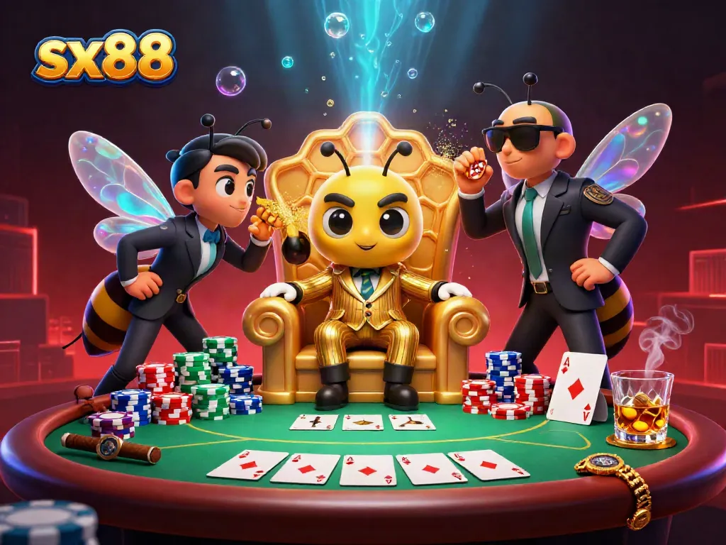 Experience thrills with sx88 in a vibrant 3D casino scene featuring a bumblebee mob boss and poker tables.