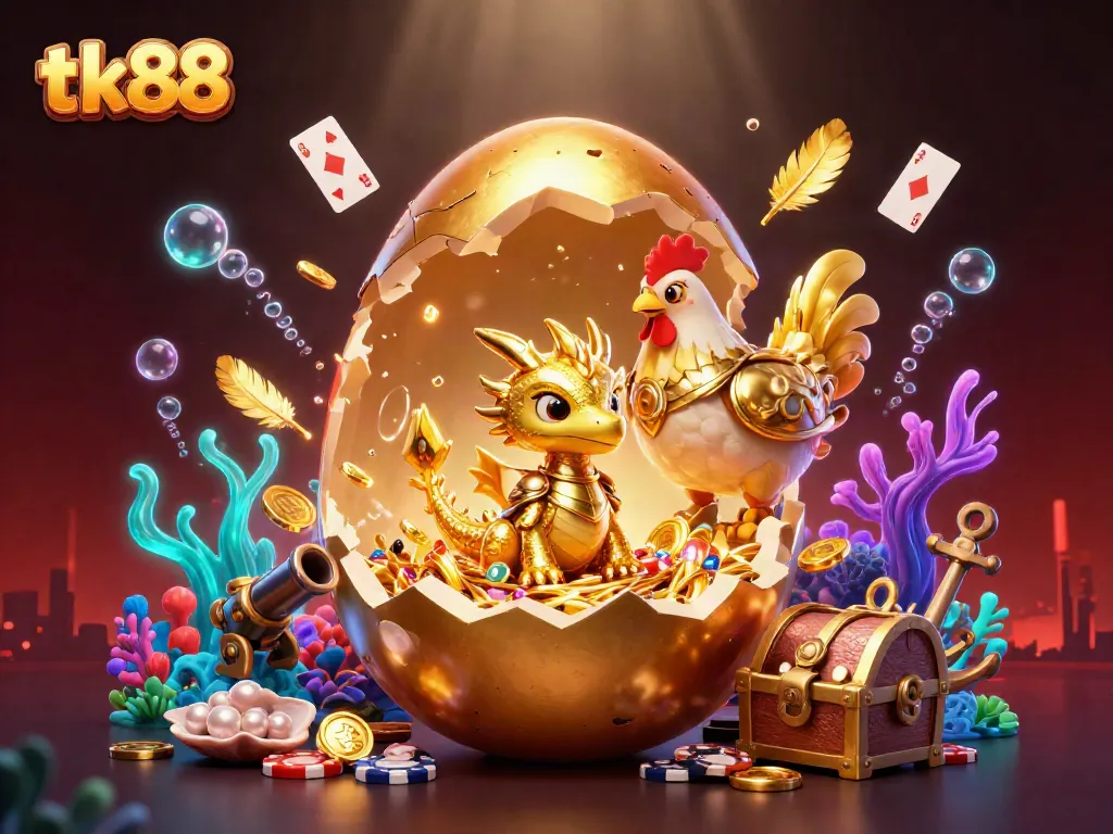 Experience tk88 with a dynamic casino-themed illustration showcasing golden dragons and poker elements.