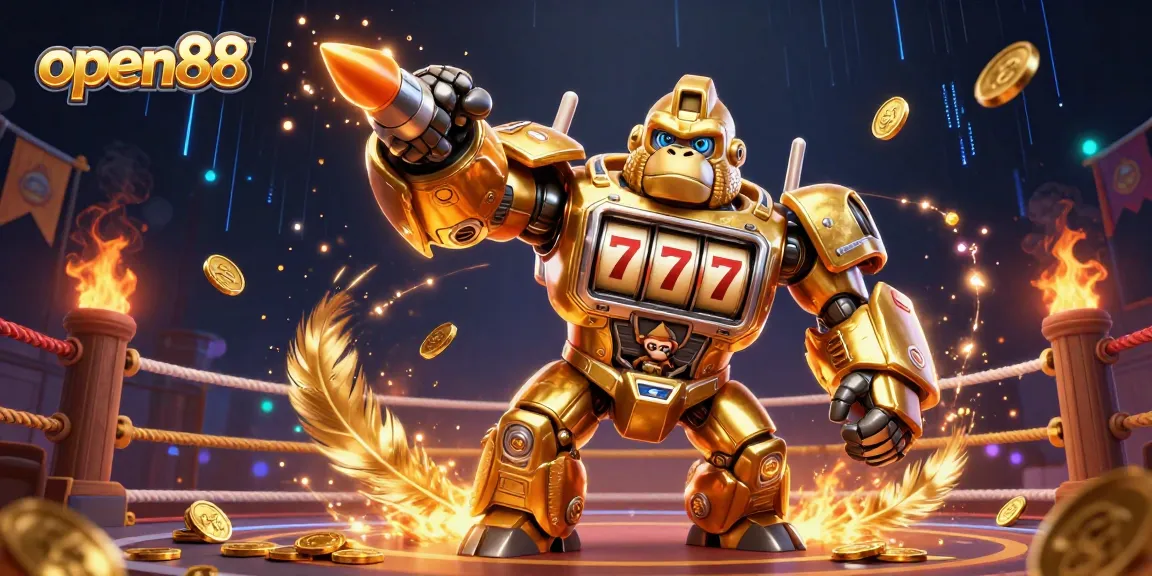 Experience excitement at open88 with a dynamic scene of a golden mech in a thrilling casino setting.