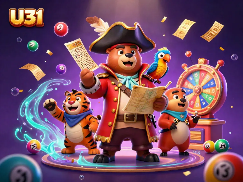 Win big at U31 with a vibrant illustration of playful casino characters enjoying games and prizes.