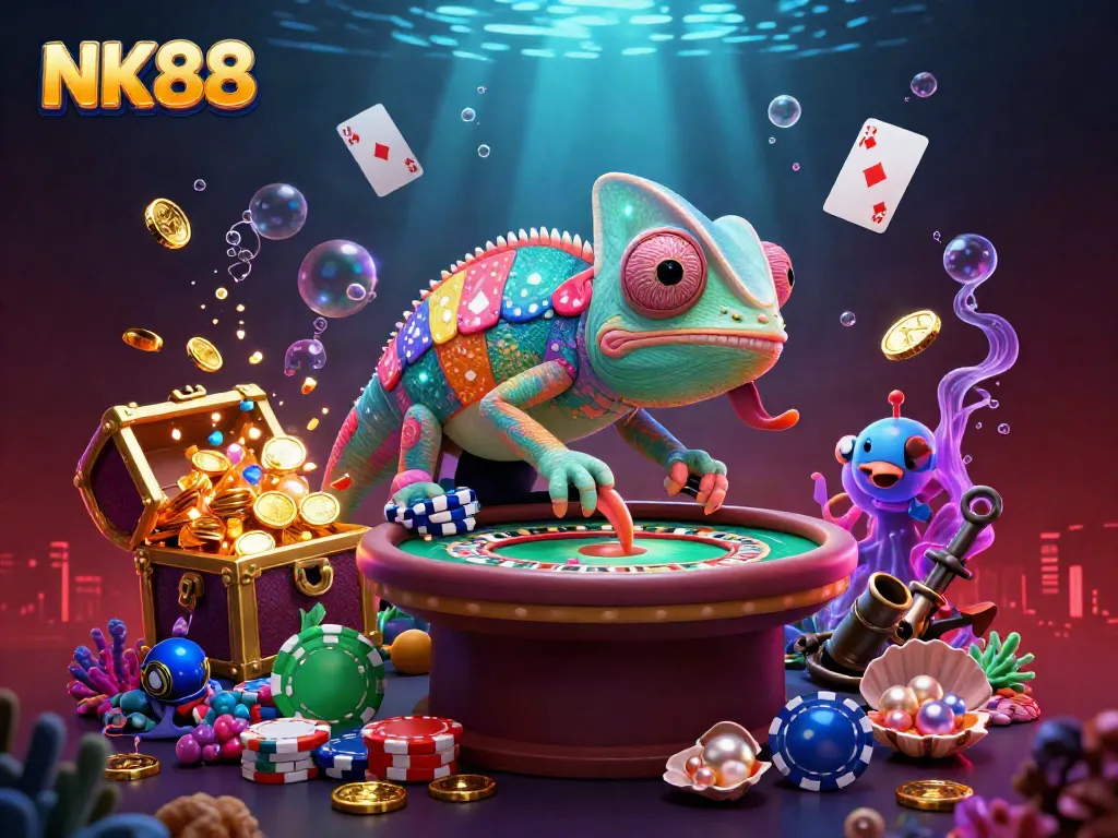 Experience the vibrant underwater casino scene of NK88, featuring a chameleon casino owner and sparkling treasures.