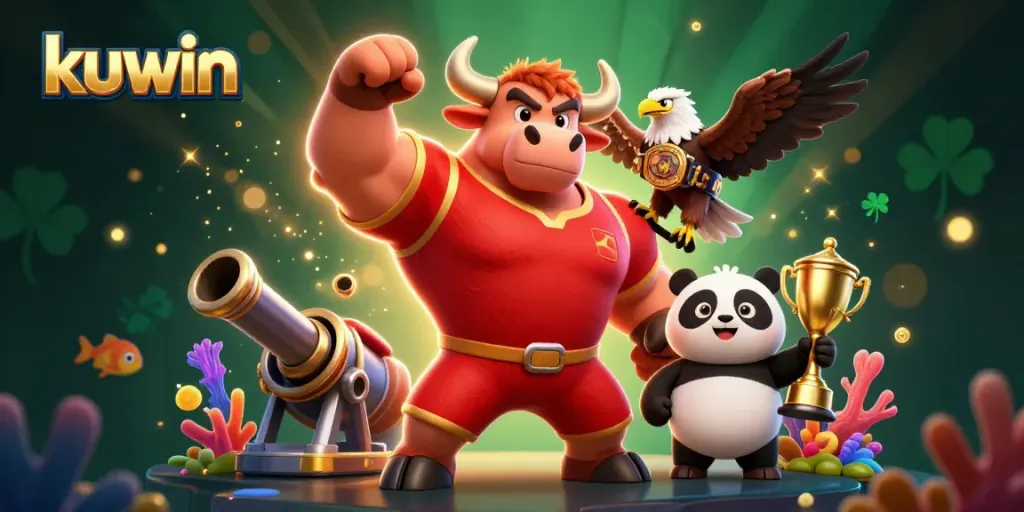 Engaging kuwin scene with a bull, eagle, and panda among vibrant underwater gaming elements.