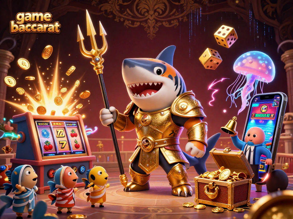 Engage in thrilling baccarat gameplay with game baccarat as a vibrant underwater scene comes alive with celebrating fish and dazzling casino elements.