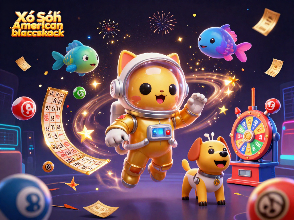 Xổ Số american blackjack promotes excitement with lottery balls and vibrant casino elements.