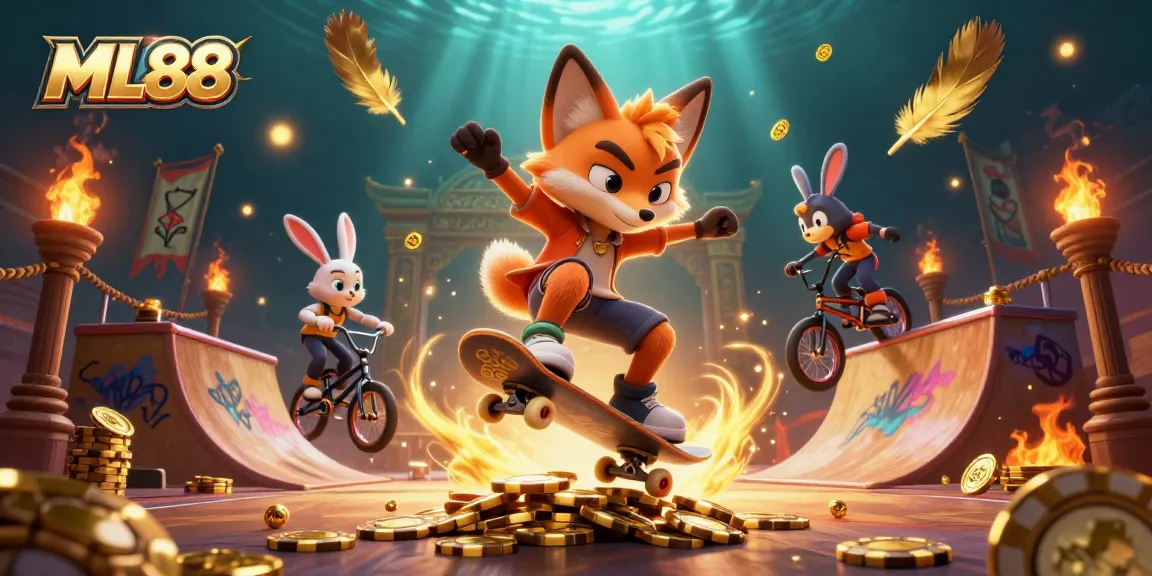 ML88 showcases a vibrant 3D scene with a fox and rabbit performing tricks among casino elements, lively and energetic.