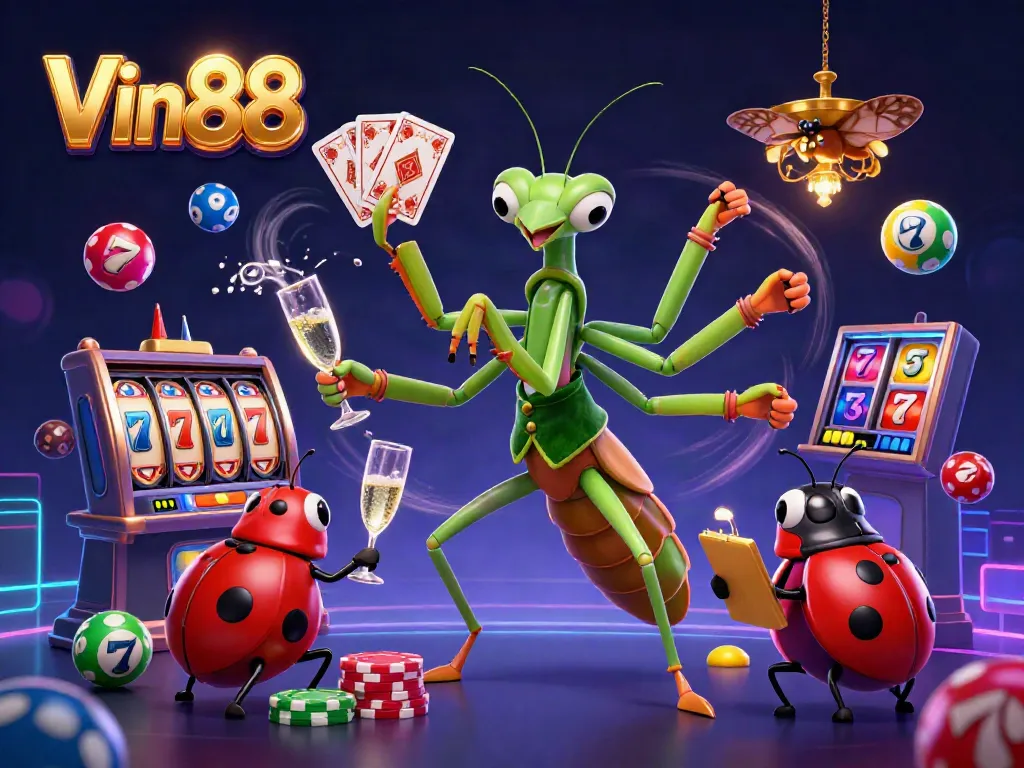 Experience thrilling gameplay at Vin88 with a lively casino scene filled with vibrant slot reels and prizes.