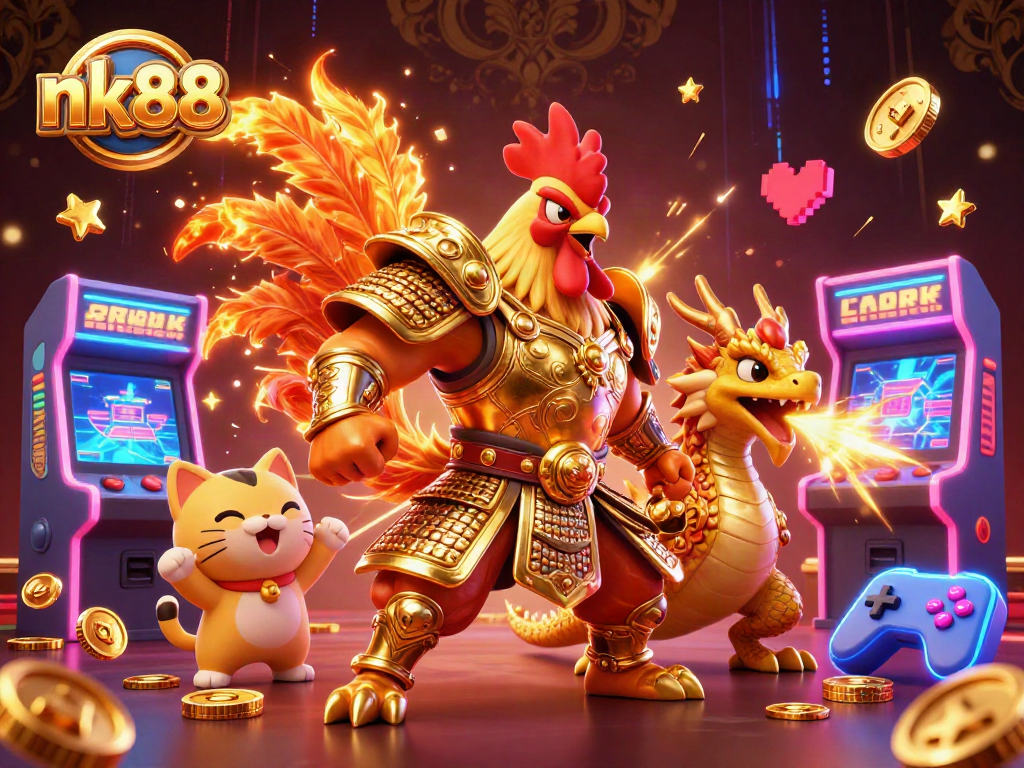 Engage in excitement with nk88, featuring a colorful 3D casino illustration of champions and gaming elements.