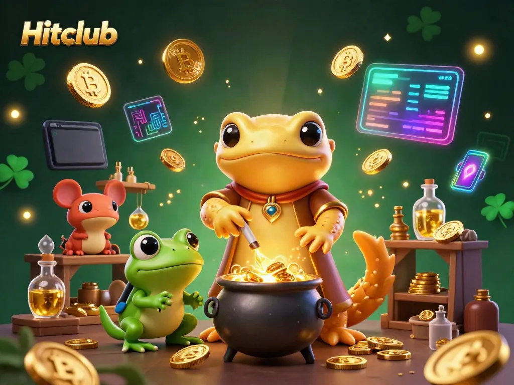 Hitclub’s golden salamander alchemist and frog apprentice creating wealth in a vibrant medieval lab.