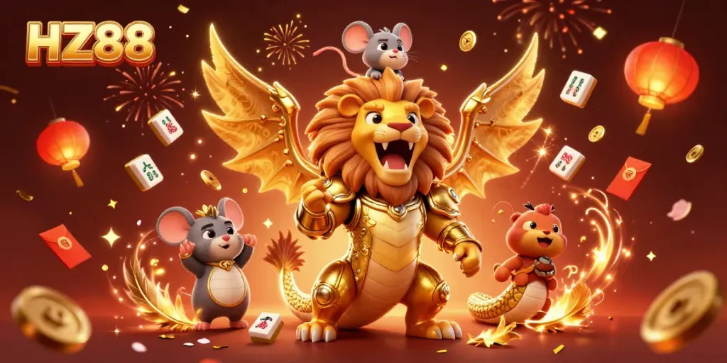 Experience exciting gameplay at HZ88 with a vibrant scene of a chimera and mouse jockey amidst dynamic gambling elements.