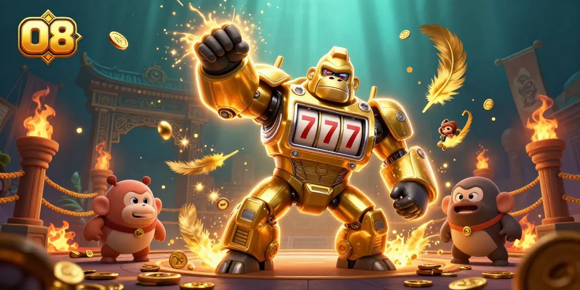 O8 mech gorilla smashing through coins in a dynamic casino gaming scene.