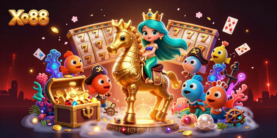 Xo88 offers exciting slot experiences with treasure-filled illustrations and characters in action.