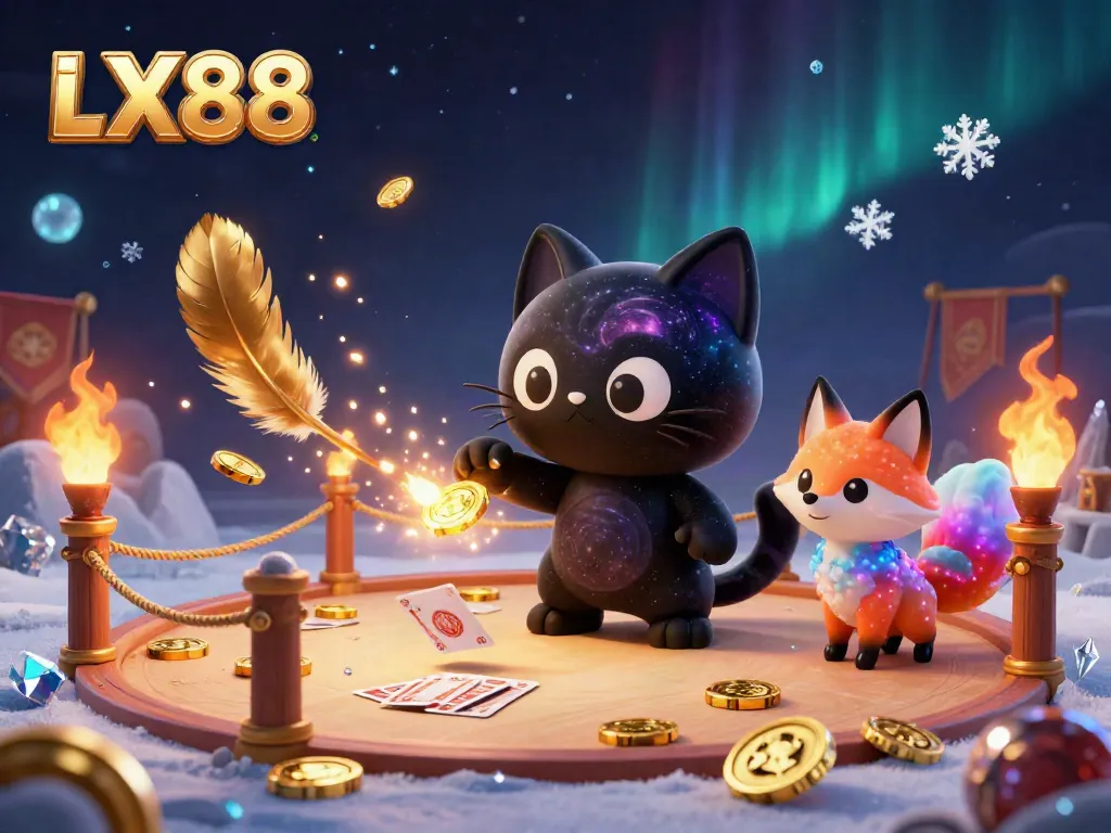 Experience LX88's immersive gaming scene featuring a black hole cat and a nebula fox, surrounded by cockfighting elements.