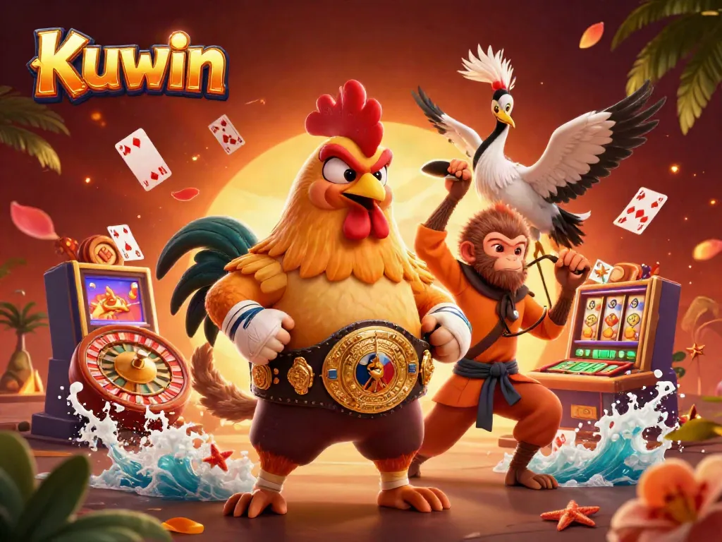 Engage and win big at Kuwin with a vibrant 3D casino scene showcasing unique characters and dynamic game elements.