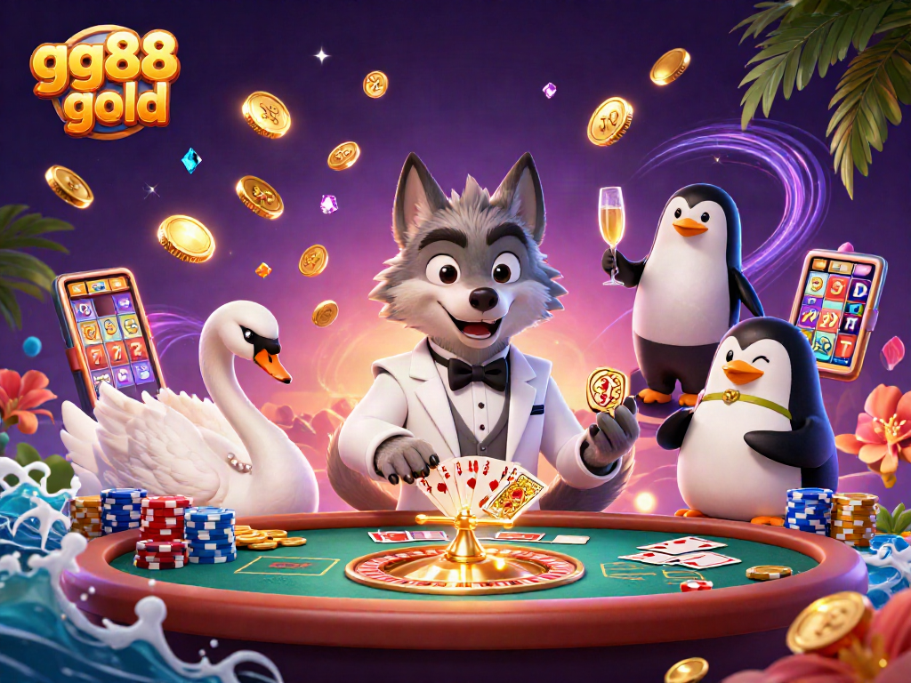 Join the fun with gg88 gold as the debonair wolf and elegant swan deal cards at a casino.