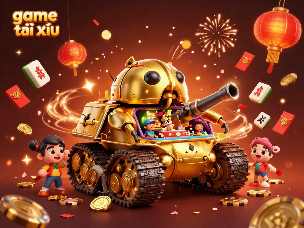Playing the game tài xỉu with vibrant golden beetle tank casino elements and festive decorations.