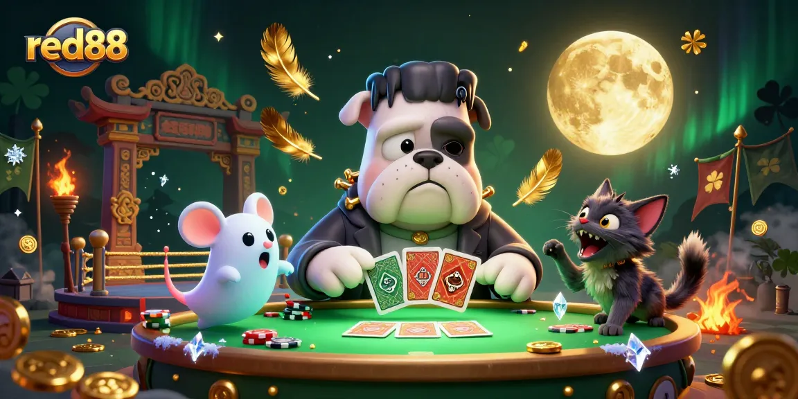 red88's thrilling card deal at a haunted casino table, featuring a unique monster dealer.