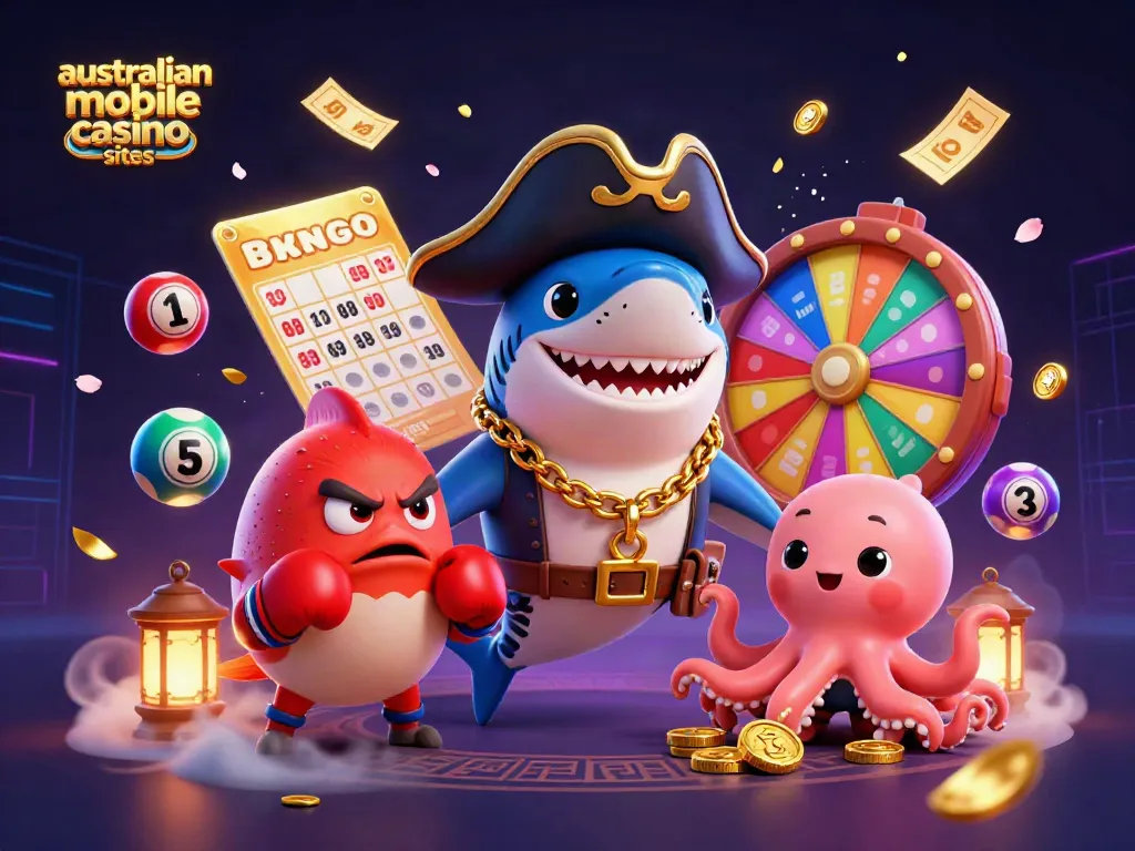 Engage with australian mobile casino sites featuring vibrant 3D characters in a lively casino scene.