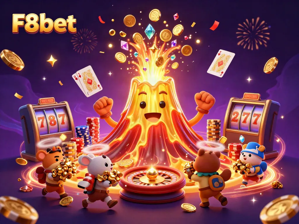 F8bet showcases triumphant golden volcano erupting coins, vibrant casino elements in festive celebration.