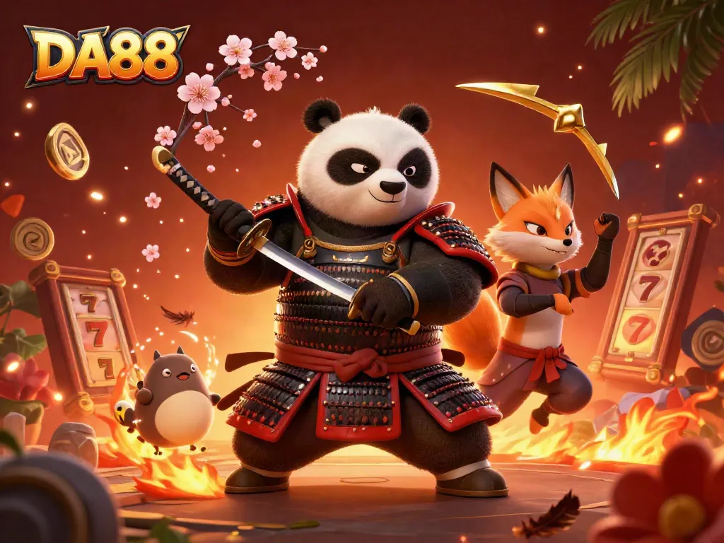 Engage in thrilling action at DA88 with a fierce samurai panda and ninja fox in a vibrant arena.