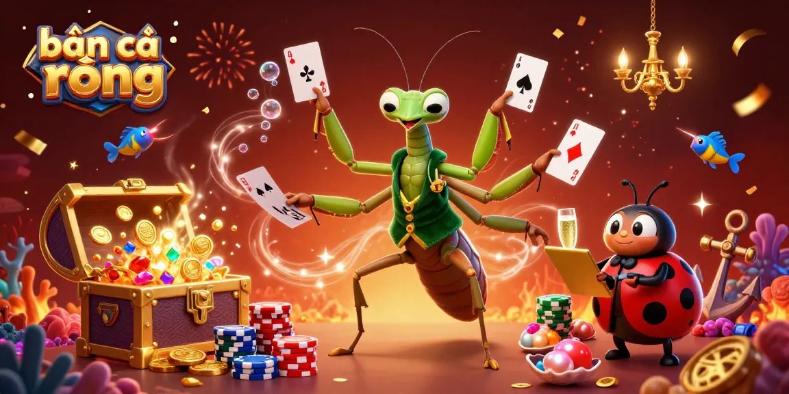 The vibrant scene of bắn cá rồng featuring lively characters dealing cards and pouring champagne amidst treasure and underwater elements.