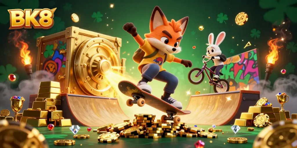 Engaging BK8 casino scene featuring a skateboarder fox and BMX rabbit in action amidst golden treasures.