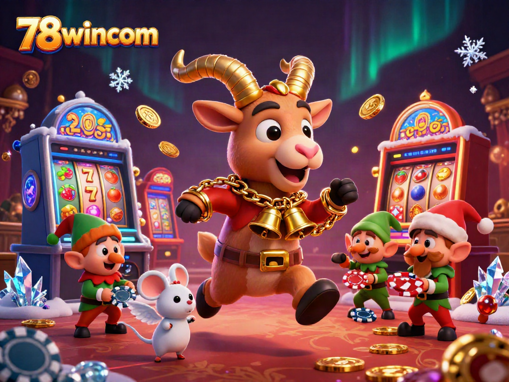Experience the vibrant fun of 78wincom with lively slot elements and entertaining characters in a festive casino scene.