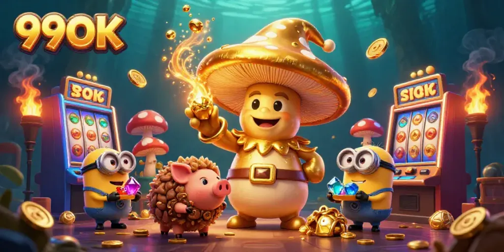Engage in thrilling gameplay with 99OK's golden mushroom wizard and treasure-seeking companions in a vibrant casino setting.