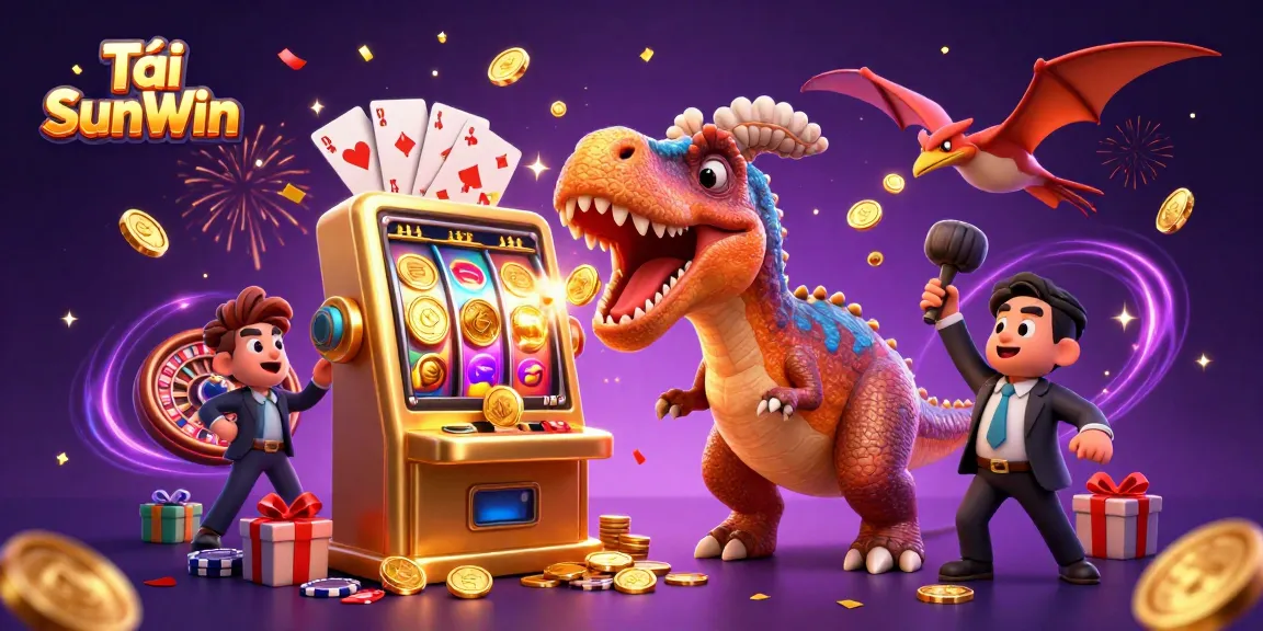 Tải SunWin with a pachycephalosaurus hitting a slot machine for jackpot coins in a lively casino scene