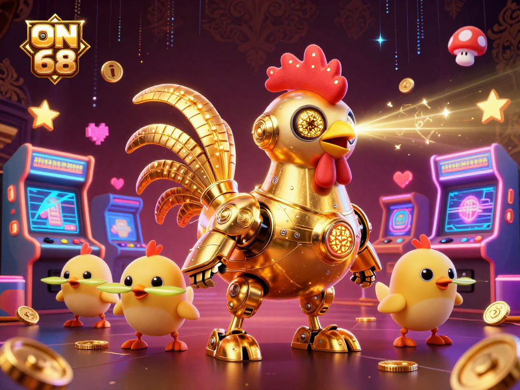 Engage in the exciting world of ON 68 as golden rooster robot and chick drones play among vibrant casino games.