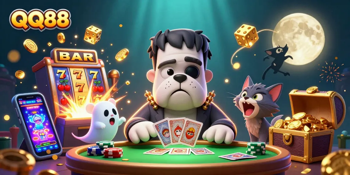 Engage in thrilling gameplay with QQ88's vibrant scene featuring a Frankenstein bulldog dealer and gold moon kitten.
