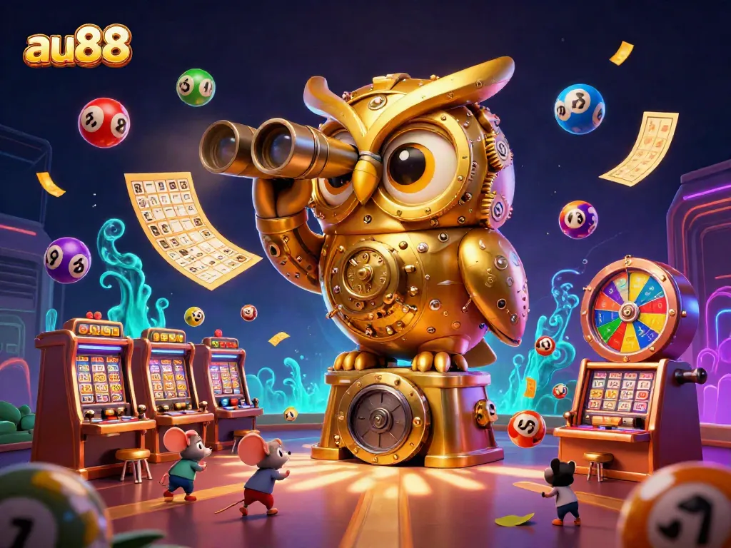 Experience the vibrant excitement of au88 with a whimsical owl overseeing dynamic casino activities.