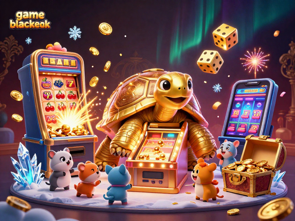 Engage with game blackjack in an exciting casino scene featuring a magical tortoise, slot machines, and festive elements.