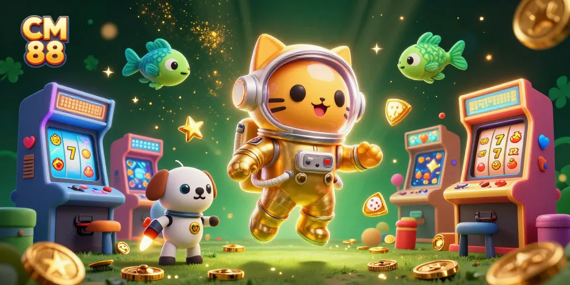 Experience winning fun at CM 88 with a vibrant, action-packed casino scene featuring arcade games and lucky symbols.