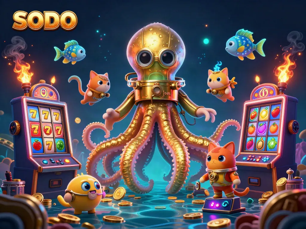 Engage with SODO's vibrant casino adventure featuring a kraken and diving cat amidst slot machines.