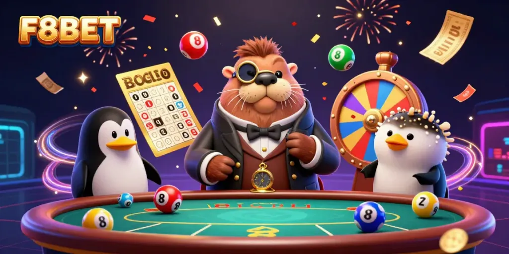 Engage in vibrant gaming action at F8BET with lively characters in a dynamic casino scene.