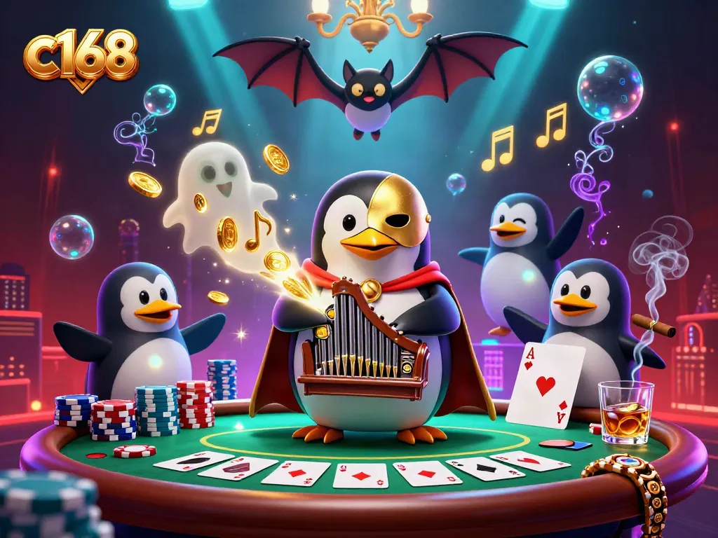 Experience thrilling gameplay with c168 as a phantom opera penguin plays for gold in a dazzling casino scene.