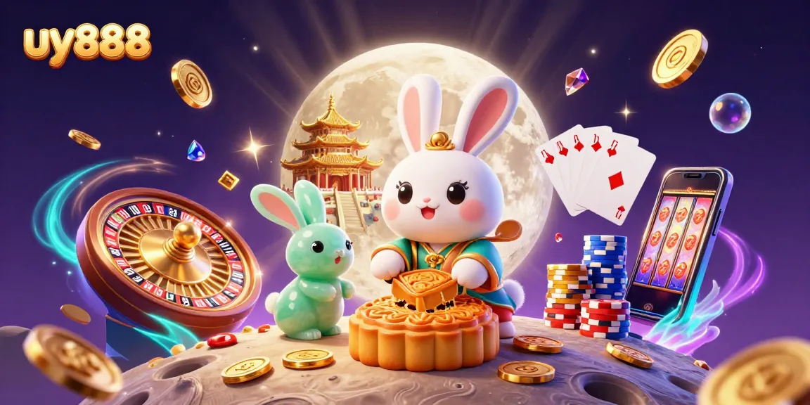 uy888 showcases a whimsical moon rabbit in a vibrant casino environment, engaged in playful gambling.
