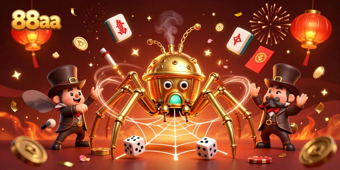 Immerse in 88aa's vibrant online gaming atmosphere with a playful steampunk spider and dynamic casino elements.
