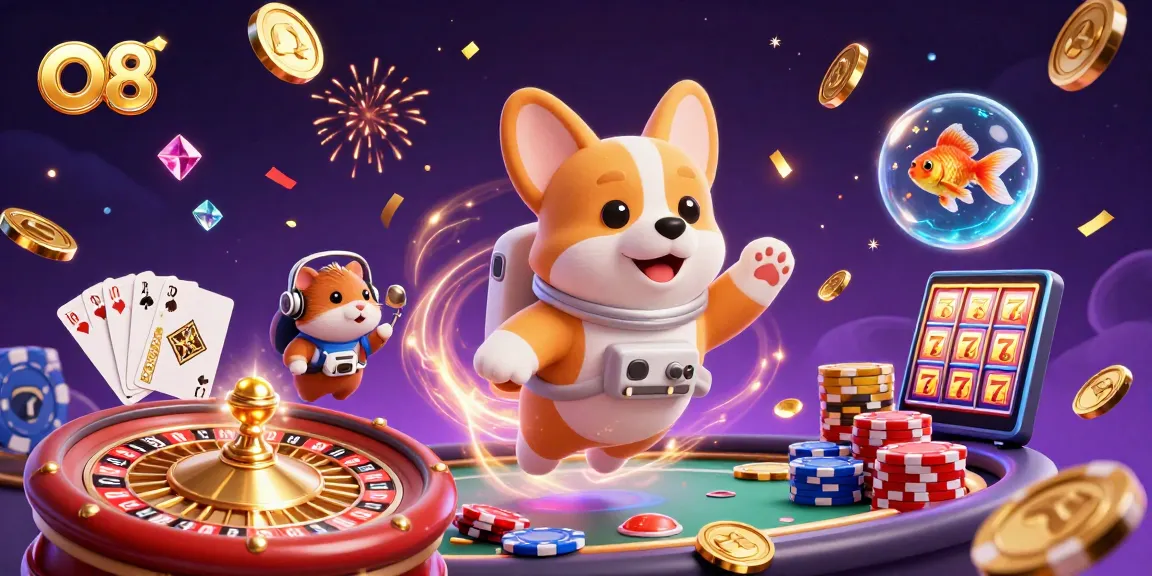 Engage with the O8 casino experience through a vibrant 3D illustration featuring stellar gaming action.