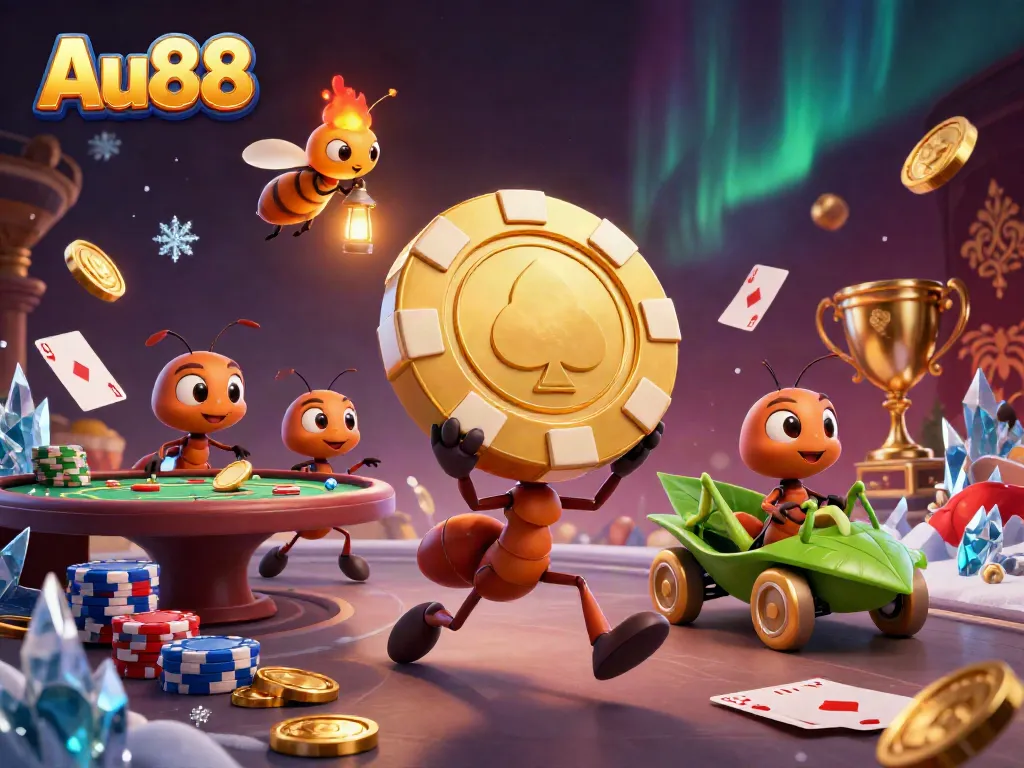 Experience thrilling poker action with Au88's heist featuring ants and golden chips.