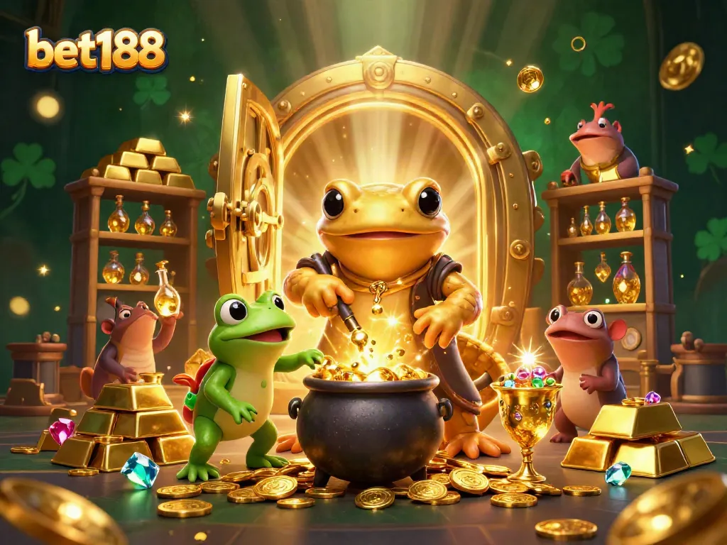 Experience excitement at bet188 with a cartoon alchemist turning metals into gold coins in a vibrant casino scene.
