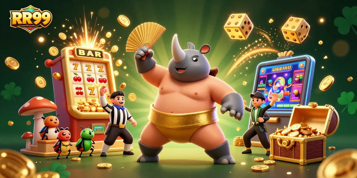 Experience RR99's thrilling jackpot excitement with a whimsical beetle champion amidst a vibrant casino scene.