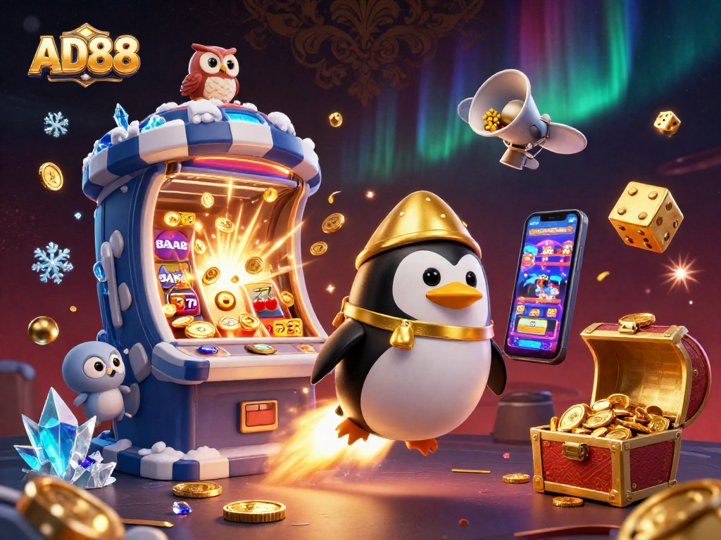 Experience exciting wins with AD88, featuring golden penguins and jackpot explosions in a cosmic casino.